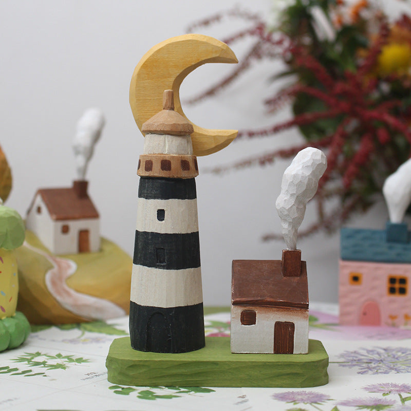 Fan Moon Lighthouse Wooden Carving Decorative Gift Set