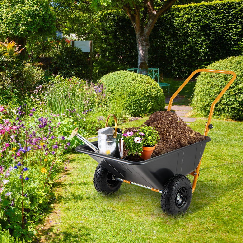 Dual-Wheel Wheelbarrow, Heavy-Duty Garden Utility Cart w/Pneumatic Tires, 330LBS Capacity